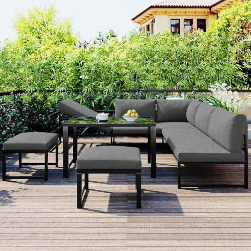 Ensemble de chaises Longues Jardin avec Coussins d’Assise et Dossier canapé d’Angle 2 tabourets Tables Basses Groupe sièges Aluminium avec Fonction d’Inclinaison Dossier réglable en 4 Directions Gris