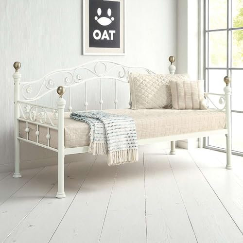 OAT Home Mayfair White & Polished Brass Single Metal Day Bed Frame with Optional Black Guest Trundle, Victorian French Style (White Without Trundle)