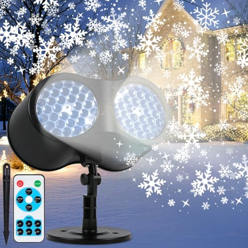 SACBRZZ Proiettore Luci Natale per Esterno, LED Fiocchi Di Neve Dinamica Proiettore Natale Esterno Interno Doppia Testa,Con Telecomando Timer, Impermeabile Ip65,Per Finestra Parete Cortile Decorazioni
