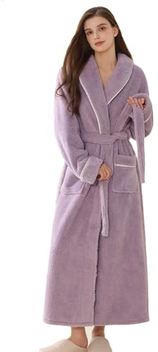 Womens Warm Housecoat Fluffy Dressing Gowns Long Style, Lilac 10-14 UK