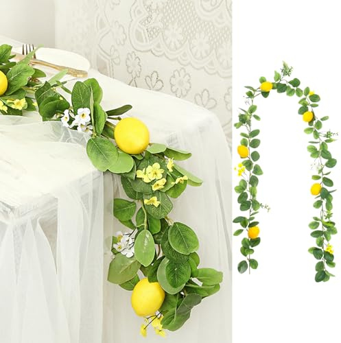 ZenyTra Künstliche Zitronengirlande 200cm - Realistische Obst Girlande mit Gelben Zitronen & Grünen Blättern - Deko für Tür, Wand, Hochzeit, Party, Frühling Sommer (Zitrone, Grün)