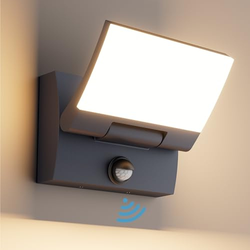 K-Bright 30W Außenwandleuchte Außenlampe mit Bewegungsmelder Anthrazit | 3000K Warmweiß ,150° Schwenkbar Panel, IP65 wasserdicht, Aluminium+Acryl, 2000LM für Eingang Terrasse Garten