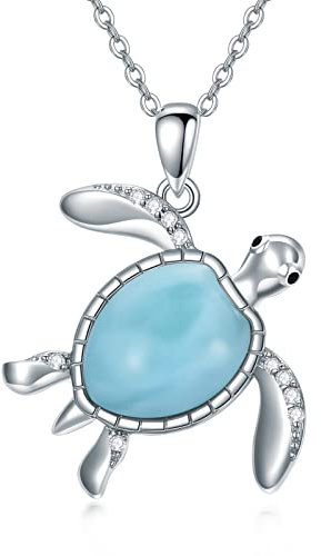 LELOUCHY Halskette mit natürlichem Larimar-Schildkröten-Delfin-Anhänger, Sterlingsilber, Ozean-Schmuck, Geburtstagsgeschenk für Frauen, 0.78 inches, Sterling Silber