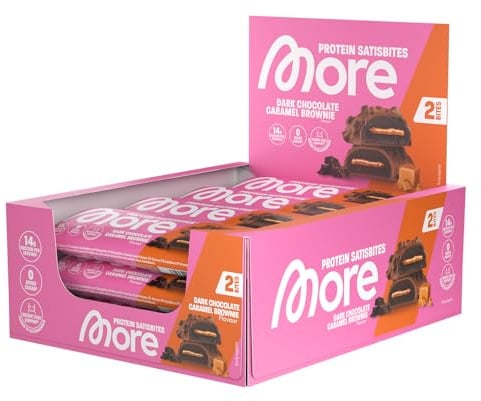 MORE Protein Satisbites, 12er Box Proteinriegel, 12 x 2 x 25 g | Dark Chocolate Caramel Brownie, bis zu 16 g Protein pro Portion, ohne Zuckerzusatz, made in Germany