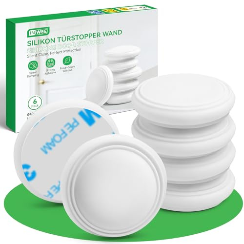 Inwee Self Adhesive Door Knob Wall Protectors 6Pcs, White Silicone Anti-Collision Wall Bumper Pads, Residue Free Stick On Door Handle Stoppers for Rental Flats, Nursery & Furniture Wall Protection