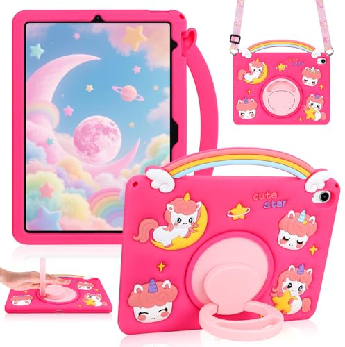 Vofolen for iPad A16 Case for iPad 10th Generation Case for Kids, Unicorn | Pink Shockproof Silicone Girls Rainbow Unicorn Case with Rotating Stand & Adjustable Strap for 11th Gen 11/10.9 2025/2022