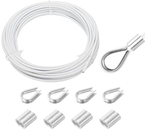 QUARKZMAN Cavo In Acciaio Inox 304 Rivestito In Vinile 33ft Bianco 10m | Con 4 Manicotti In Alluminio E Girello, Da 3mm 1/8, Per Ringhiere Pavimentazioni Appendere Stendibiancheria