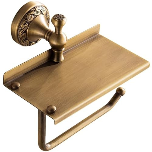 Gugxiom Porta carta igienica da parete vintage con ripiano per telefono, in ottone anticato, porta rotolo di carta igienica da bagno, design intagliato