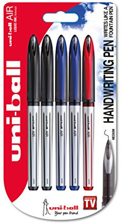 uni-ball 153544674 UB-188-L Air Kugelschreiber, Super-Tinte, fälschungssicher, Füllfederspitze, 5 Stück schwarz/rot/blau
