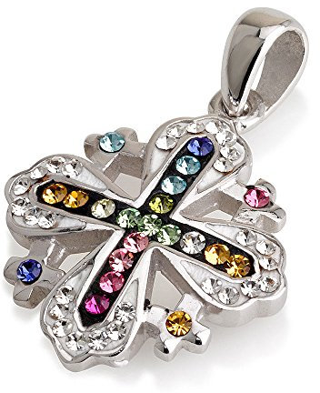 Jerusalem-Kreuz-Anhänger mit mehrfarbigen Edelsteinen und Kette aus 925er Sterlingsilber