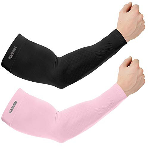 KMMIN Manchettes de Bras, Soleil Bras Manches Glacé Sun UV Protection UPF 50 Écran Gants de Protection Conduite Activité en Dehors Adultes Tatouages Couvrants 2pcs(Noir+Rose, M)