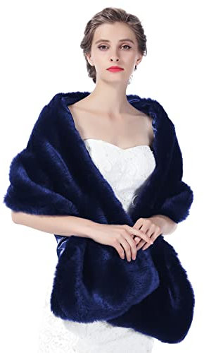 BEAUTELICATE Pelzimitat Schal Stola Bolero Damen Für Hochzeit Braut Brautjungfer Abendkleid Weihnachten Halloween Winter, Dunkelblau, Einheitsgröße