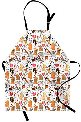 ABAKUHAUS Hundeliebhaber Kochschürze, Karikatur-Eckzähne Bullterrier-Dobermann-Husky Spaniel-Liebes-Thema-lustige Charaktere, Höhenverstellbar Klare Farben ohne verblassen, Sandbraun Rosa