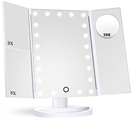 HAMSWAN Espejo de Maquillaje, [Regalos Navidad] Espejo de Mesa Tríptico con Aumentos 10X, 3X, 2X y 1X, Espejo Cosmético Pantalla Táctil en Iluminacíon 21 Led, Carga con USB o Batería, Adjustable 180º