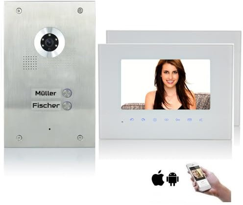 Mathfel 2 Familienhaus 2 Draht Bus Video Türsprechanlage 7'' Monitor Kamera 170° Edelstahl, Monitore in Glas, 2x7'' Monitor weiß mit WLAN Außenstation Silber mit Gravur