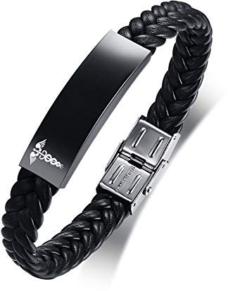 VNOX NUT Allergy Bracelet Stainless Steel Leather Medical Alert Bracelet Star of Life Medical Leather Bracelet for Men Women,Adjustable