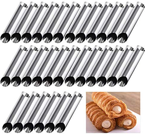 JasCherry 30 Stück Croissant Form Backen, Cannoli Backform Set Schaumrollenform Cream Horn Formen Set Hörnchen Backform Horn Gerade Röhrchen Edelstahl Schraube Cannoli Form Tubes Cream Roll Mold