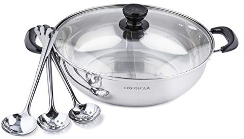 Lake Tian Stainless Steel Shabu Shabu Hot Pot, Dual Sided Yin Yang Hot Pot with Divider Include 3 Pot Spoons, 12 Inch 30 cm鸳鸯火锅