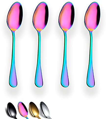 Berglander Rainbow Teaspoons 6.5 Set of 4, Stainless Steel Titanium Plating Shiny Mutil-Color Tea Spoons Silverware, Colorful Tea Spoon Small Dessert Spoon Teaspoon Easy To Clean Dishwasher Safe