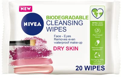 NIVEA 3-in-1 Caring Cleansing Wipes Dry Skin (20 Wipes), Plant-Based Makeup Remover Wipes, Face Wipes for Dry Skin, Gentle yet Effective Makeup Removal