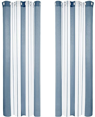Deconovo Voile Vorhänge mit Ösen, Gardinen Wohnzimmer Modern, Vorhangschal Transparent Boho Streifenmuster,175x140 cm(HöhexBreite), Blau, 2er Set