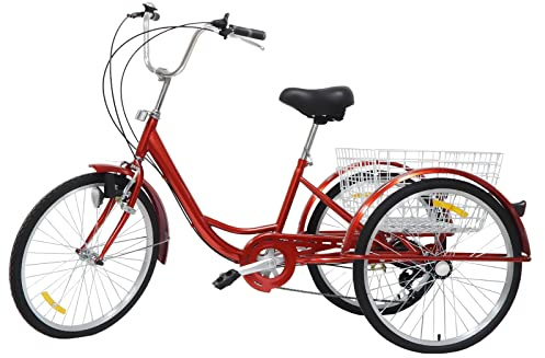Frederimo Dreirad 24 Zoll Fahrrad mit Korb, 3 Rad Fahrrad für Erwachsene Adult, Tricycle mit Fahrradbeleuchtung für ältere Menschen, Mädchen, Jungen, Herren und Damen (Rot)