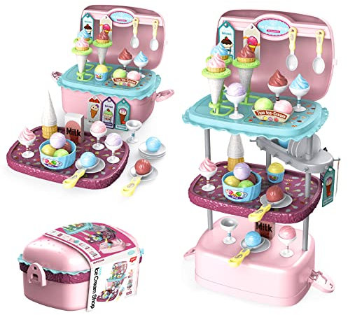 Eisdiele Kinder EIS Spielzeug für Kinder 3 in 1 Tragbare Eisverkauf Spielset 72 Stück Kaufladen Zubehör mit Desserts und Eiskugeln Eisdiele Kinder für Rollenspiele ab 3 4 5 6 Jahre