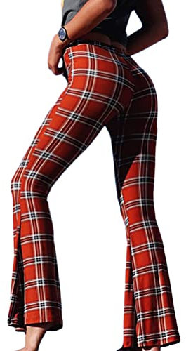 Onsoyours Damen Plaid Print High Waist Leggings Casual Kariert Skinny Hose Yogahose D Rot S