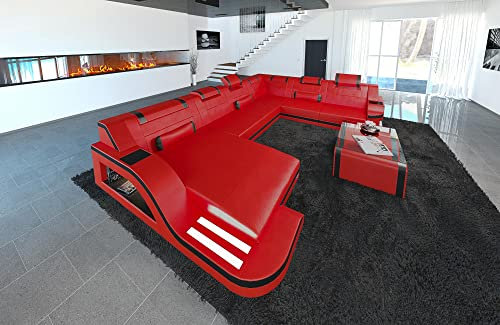 XXL Sofa Wohnlandschaft Palermo Ledersofa U Form - mit LED Beleuchtung, verstellbare Kopfstützen, Recamiere/Lederfarben wählbar/Ausrichtung wählbar (Ottomane Links, Rot-Schwarz)