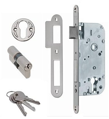 AZERODESIGN-Cerradura Embutir-Mono punto-Cerradura Exterior Puerta-Canto Redondeado-Cerradura Puerta-3 Llaves incluidas-Cerradura Puerta Madera-Orificio de Entrada de 50mm-NÍQUEL SATINADO