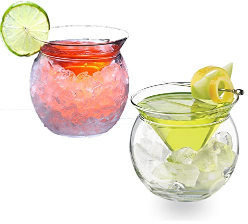 MISNODE Juego de 2 vasos de Martini sin tallo con enfriador, vasos de cristal de 150 ml, elegante juego de vasos de cóctel con cuenco de servidor para cóctel