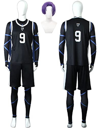Tjmiaohao Anime Blue Lock No.9 Mikage Reo Cosplay Kostüm Outfit Football Jersey Sportswear Uniform Full Set Halloween Karneval Party Dress Up Anzug mit Perücke für Herren Jungen (L)