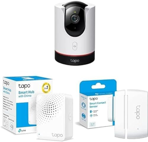 TP-Link Tapo 360° Indoor Überwachungskamera+Kontaktsensor(Tapo C225+Tapo H100+Tapo T110). Kamera dreht Sich um Kontaktsensor,bieten Ihnen Echtzeit-Streaming, sobald der Sensor offene Aktion bemerkt