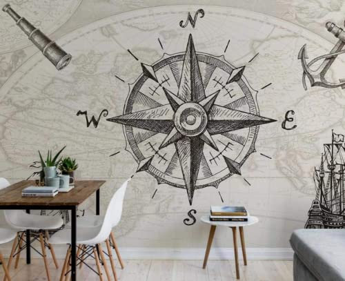 Papier Peint Panoramique Boussole Vintage Papier Peint 3D Intissé Decoration Murale Chambre Salon