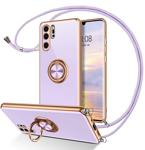 DUEDUE für Huawei P30 Pro Hülle mit Band, Handykette Huawei P30 Pro Handyhülle mit Band 360 Grad Ring Stoßfeste Schutzhülle Soft Silikon TPU für Huawei P30 Pro Hülle Mit Ring Lila