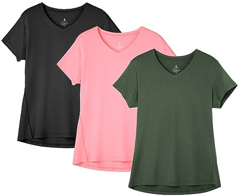 icyzone Lot de 3 T-Shirts de Sport à Manches Courtes et Col en V pour Femme, T-Shirts pour Yoga Course (L, Noir Uni/Rose Pâle/Vert Foncé)