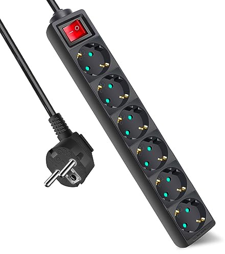 EXTRASTAR Regleta con 6 Enchufes e Interruptor, Cable 3M, para el hogar, Oficina y Viajes, MAX 3680W, 16A, 250V, Negro, 1pc