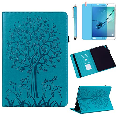 Case for Samsung Galaxy Tab S2 9.7 inch 2015 (SM-T810 T813 T815 T817 T818 T819), PU Leather Soft Silicone Back Cover Card Holder Stand Case, with Stylus Pen,Screen Film (Tree Blue)