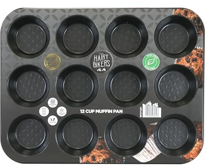 Hairy Bikers Bakeware, 12 Cup Muffin Tray, Non-Stick Coating, PFOA Free, Oven Safe, Dishwasher Safe, Freezer Safe, Black
