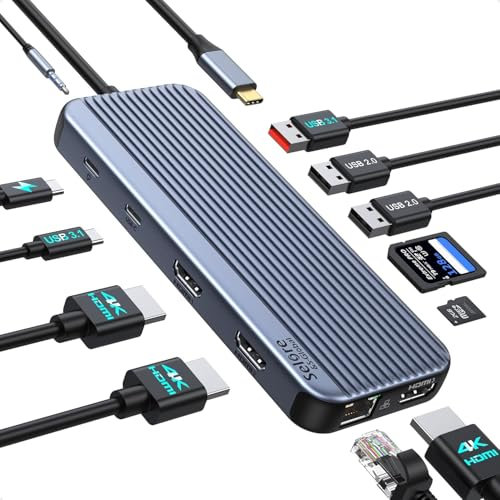 USB-C Dockingstation 3-in-1 mit Triple HDMI, 12-in-1 USB-C Hub, 10 Gbps USB A/C 3.1, 2x USB 2.0, 100W PD, RJ45 Ethernet, 3,5 mm Audio & Mikrofon, SD & MikroSD