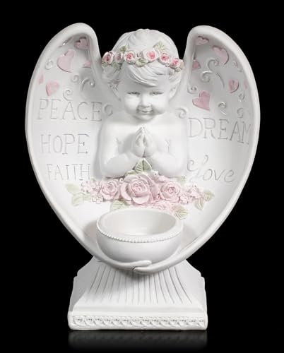 Figuren Shop GmbH Engel Bub Teelichthalter mit Herzen & Rosen – 17,5cm Kunststein Putte, Handbemalt mit Peace Hope Dream Faith Love Schriftzügen