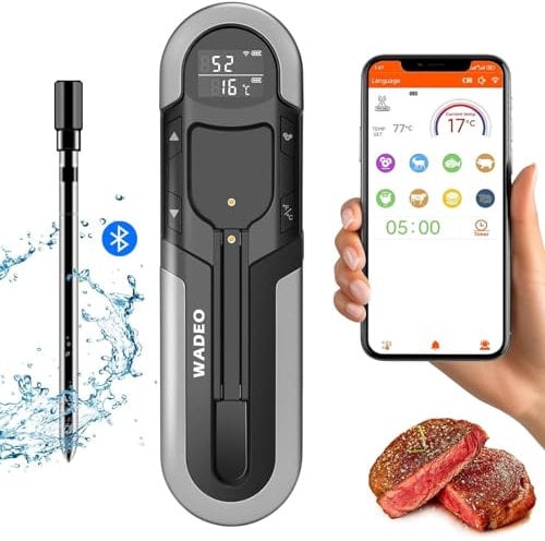 WADEO Wireless Meat Thermometer 500Ft Remote Range, Rechargeable Bluetooth Thermometer, with Dual Temperature Sensors & Smart Dual Alarm, IP66 Waterproof, Backlit Display, for BBQ, Grill, Oven