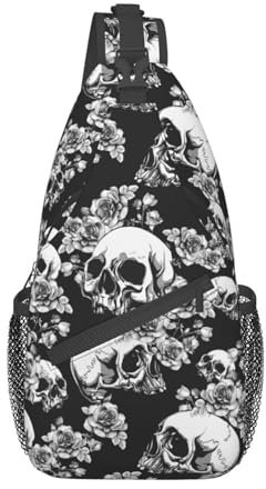 Docsckus Unisex Crossbody Sling Rucksack Reise Wandern Tagesrucksack Crossbody Umhängetasche für Damen Herren, Totenkopf Floral, Einheitsgröße, Tagesrucksäcke