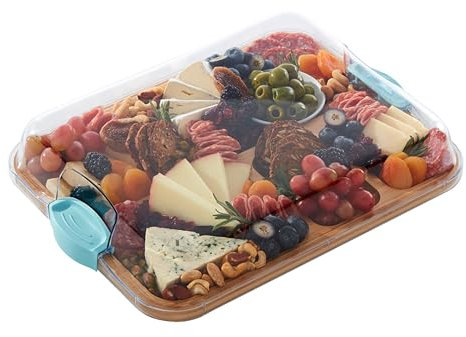Farberware Build-A-Board Bamboo Chopping Board with Integrated Compartments and Lockable Clear Lid with Blue Handles Ideal for Deli Meats, Snacks and More