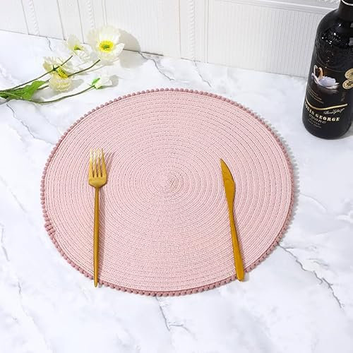 KKTECH Round Braided Placemats Set Of 4 For Dining Table, Waterproof and Washable Circle Table Mats - Non-Slip Heat-Resistant Vinyl Place Mats - 15 Inches Diameter (LIGHT PINK)