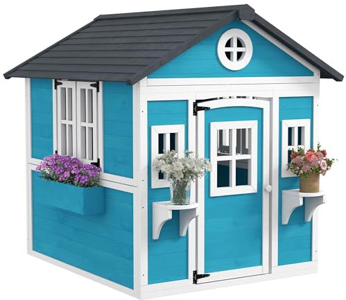 Outsunny Cabane Enfant extérieur, Maison Enfant extérieure, avec Porte, fenêtres et jardinières, cabane de Jardin pour Enfant, 114 x 126,4 x 135 cm, Bleu