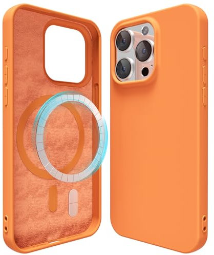 oakxco für iPhone 15 Pro Hülle Magsafe Silikon Handyhülle Bunt, Ultra Dünn Slim Case Einfarbig Handy Hülle Mädchen, Magnetisch Induktives Laden Schutzhülle Matt Silikonhülle Glatt Gummi, Neon Orange