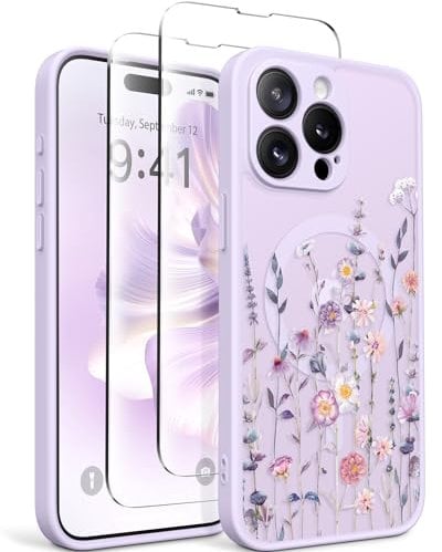 GVIEWIN Magnetic Compatible with iPhone 15 Pro Max Case, Compatible with MagSafe,with 2X Screen Protector, Full Camera Protection Floral Translucent Matte Back Shockproof Cover, Floratopia/Colorful