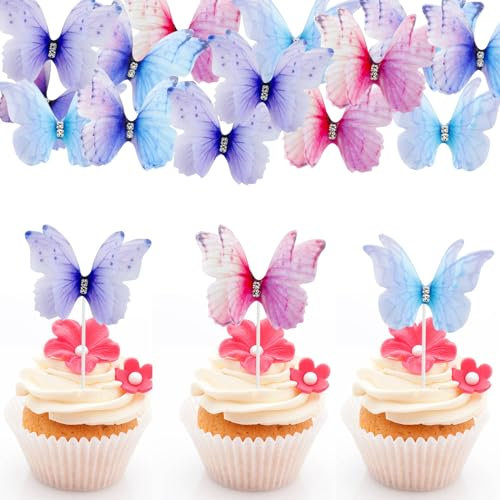 ENLACE 25 Stück Schmetterlinge Tortendeko Mädchen,3D Schmetterling Deko Torte mit Kristall,Schmetterlinge Kuchen Deko Geburtstag,Tüll Schmetterlinge Cupcake Topper,Schmetterlinge Torten Deko Hochzeit