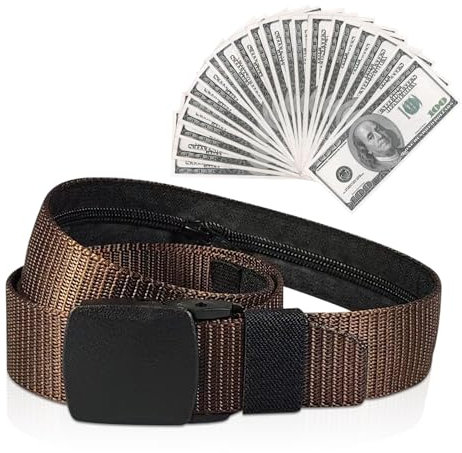 Security Money Belt with Hidden Money Pocket - Nylon Tactical Belt for Men & Women with Zinc Alloy Buckle - Anti-Theft Wallet, Brown, Large - 44 (Fits 42-46 inch waist)